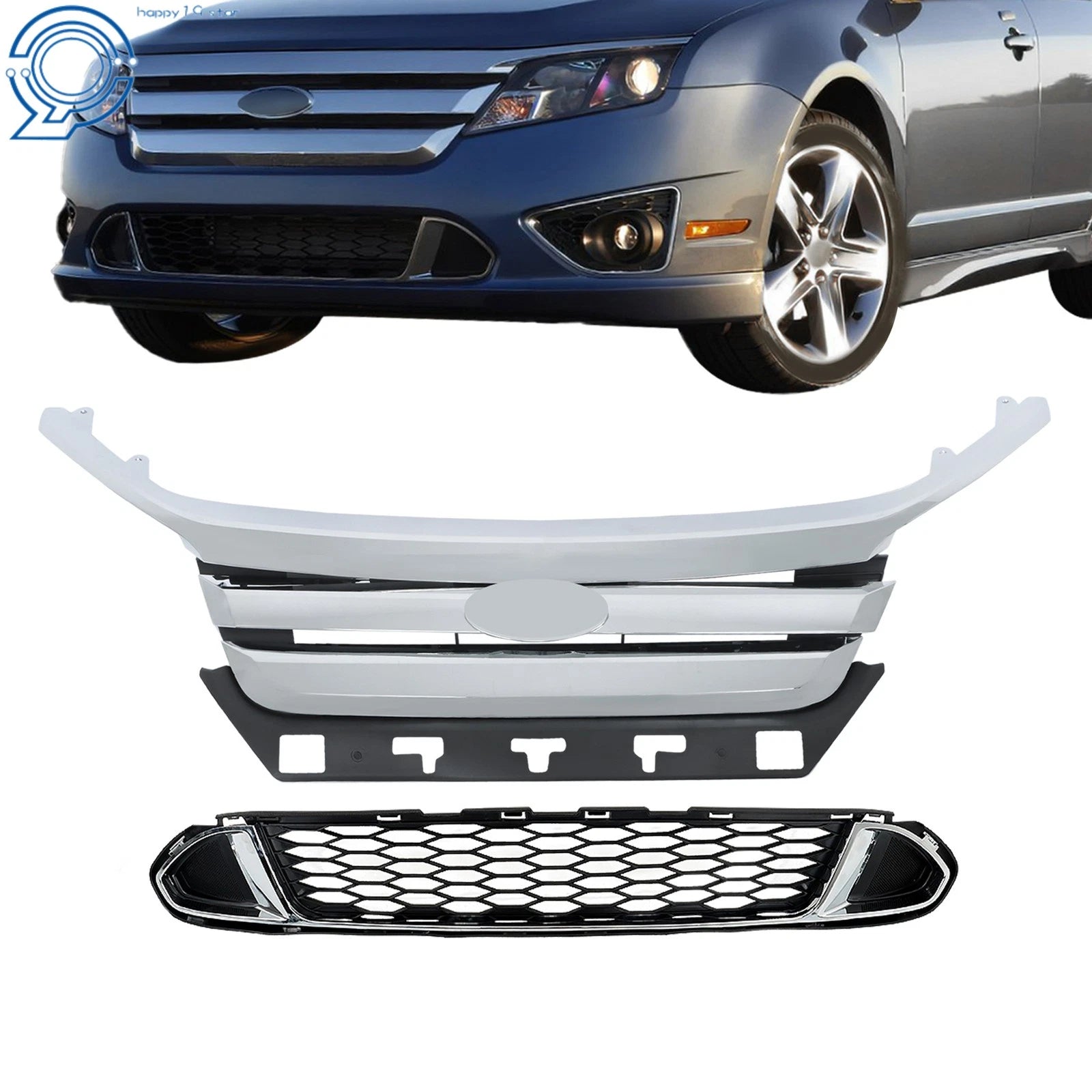 Set of 4 Upper Bumper Grilles for Ford Fusion Sport (2010–2012) with Chrome Ring