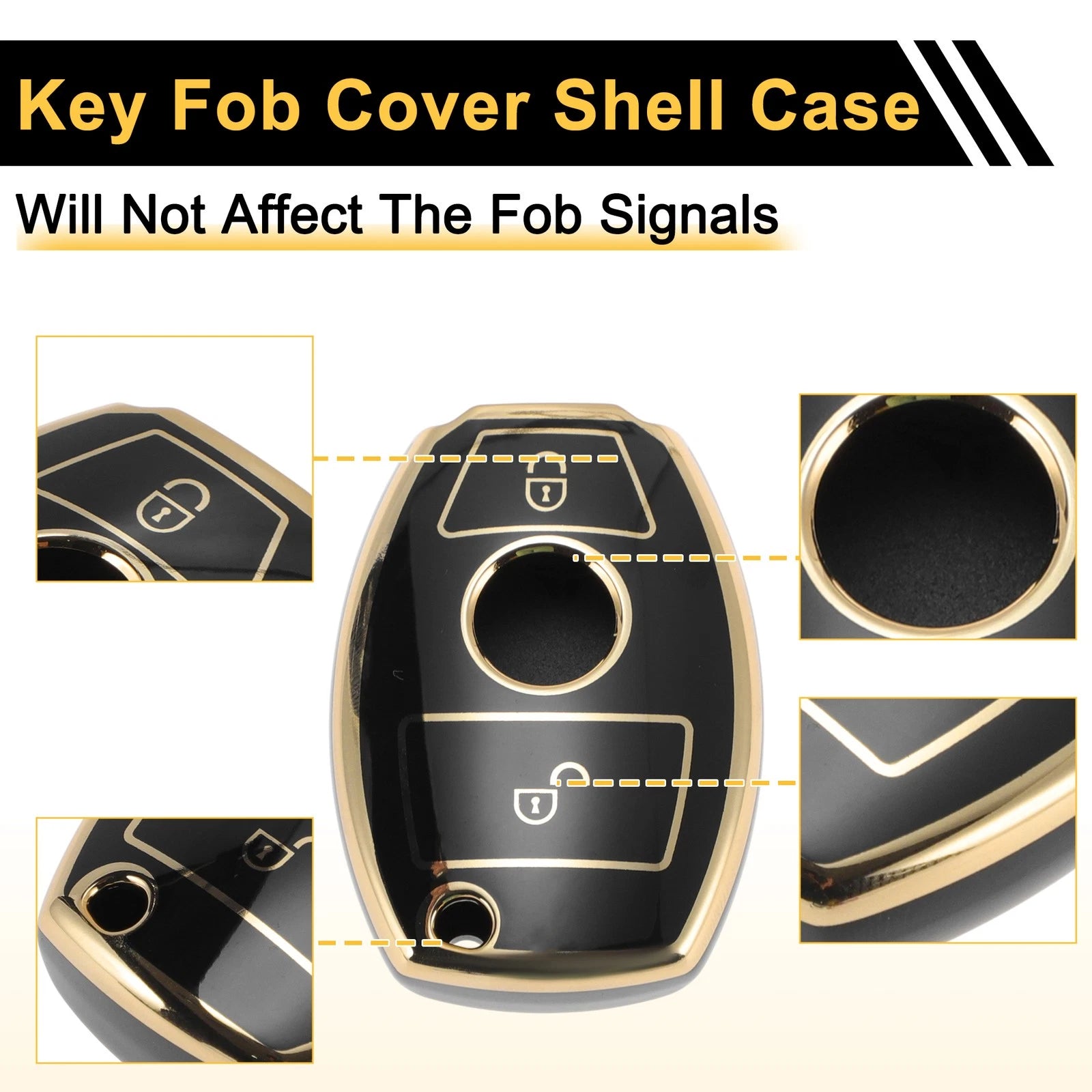 TPU Silicone Car Key Case for Mercedes-Benz (2 Buttons) - Black/Gold Edge