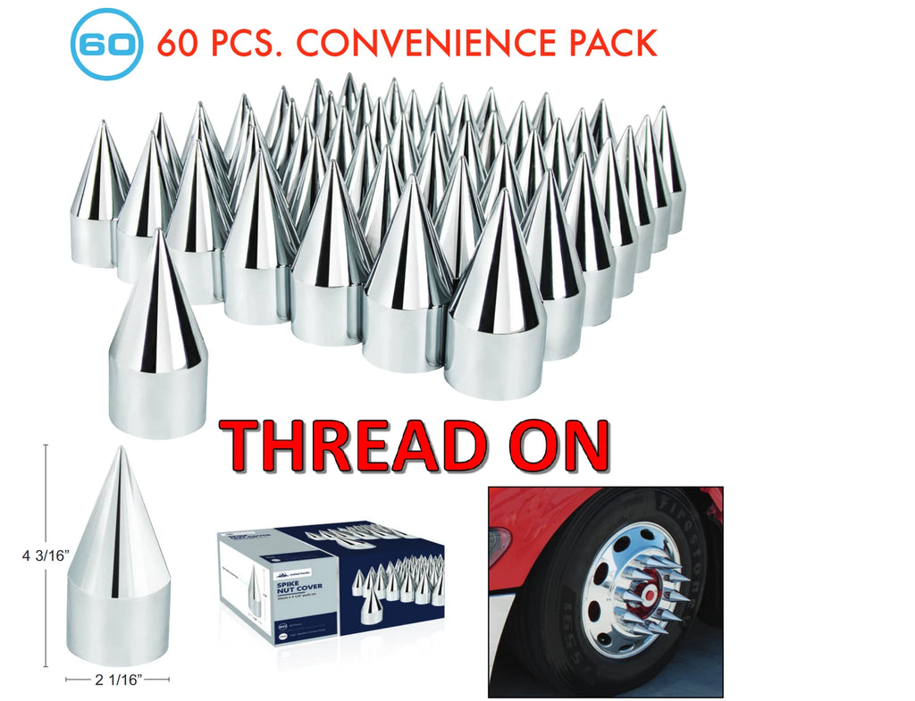 Chrome Spike Lug Nut Covers Thread-On 33mm for Universal Fit (60-Pack)
