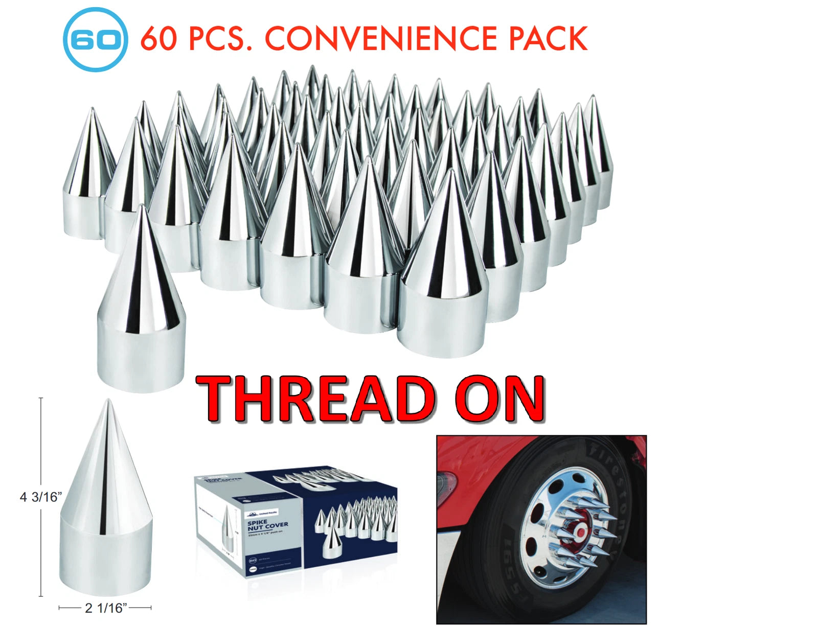 Chrome Spike Lug Nut Covers Thread-On 33mm for Universal Fit (60-Pack)