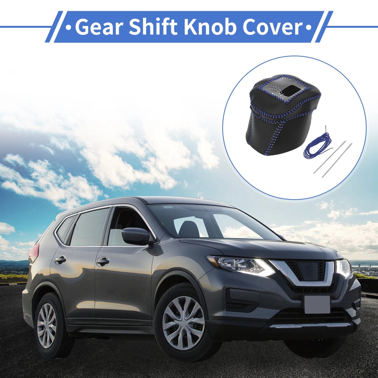 Gear Shift Knob Cover for Nissan Rogue (2021–2024) Black Blue Faux Leather