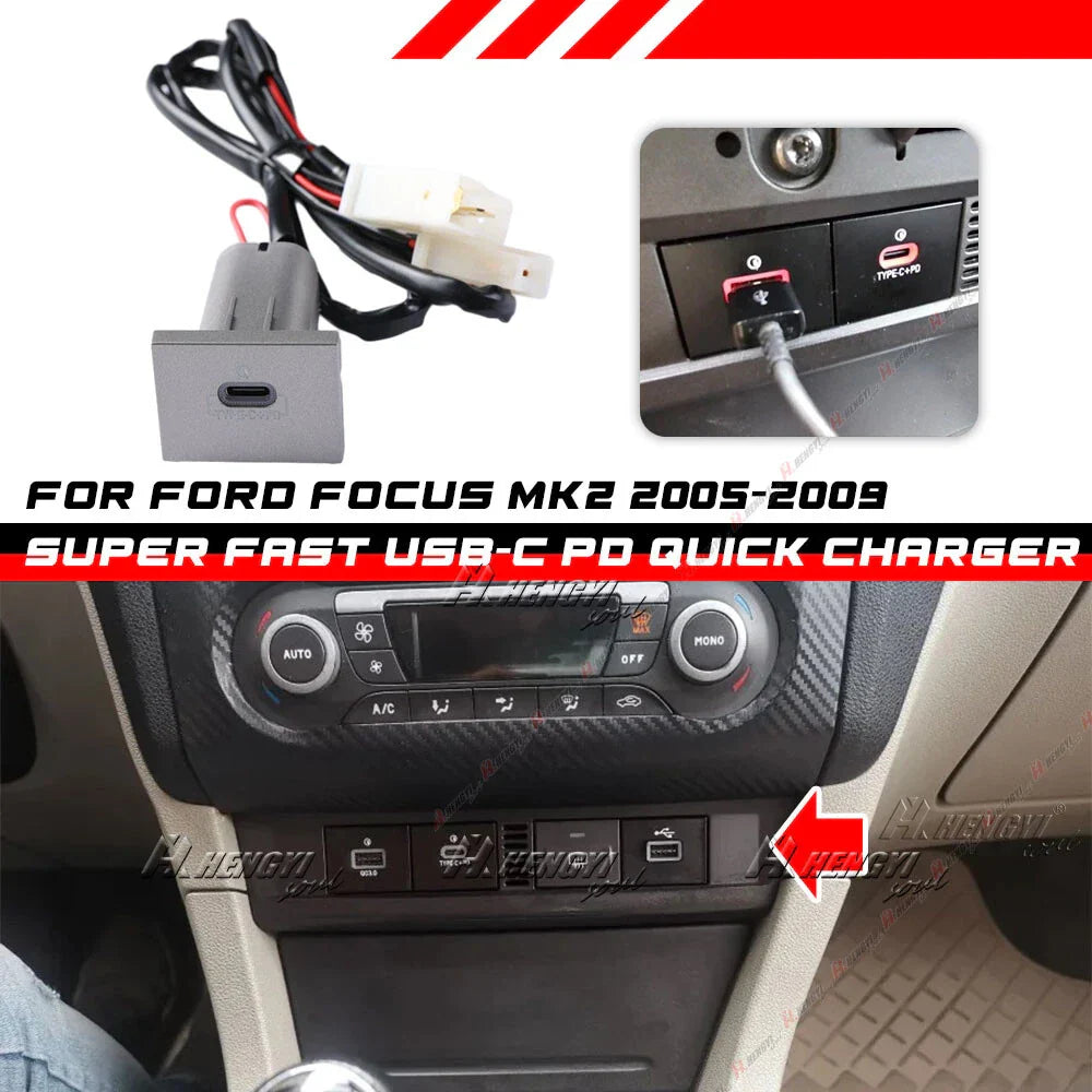 Silver USB-C PD Port Charger Red LED for Ford Focus (2005–2009)