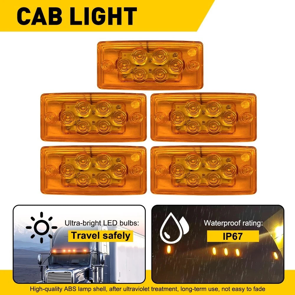 5PCS Amber Lens LED Roof Clearance Lights for Freightliner Volvo Truck (12V)