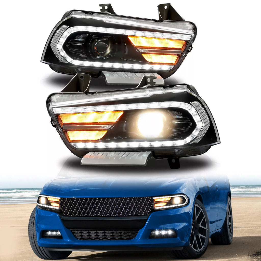 Pair LED DRL Projector Headlights for Dodge Charger (2011–2014)
