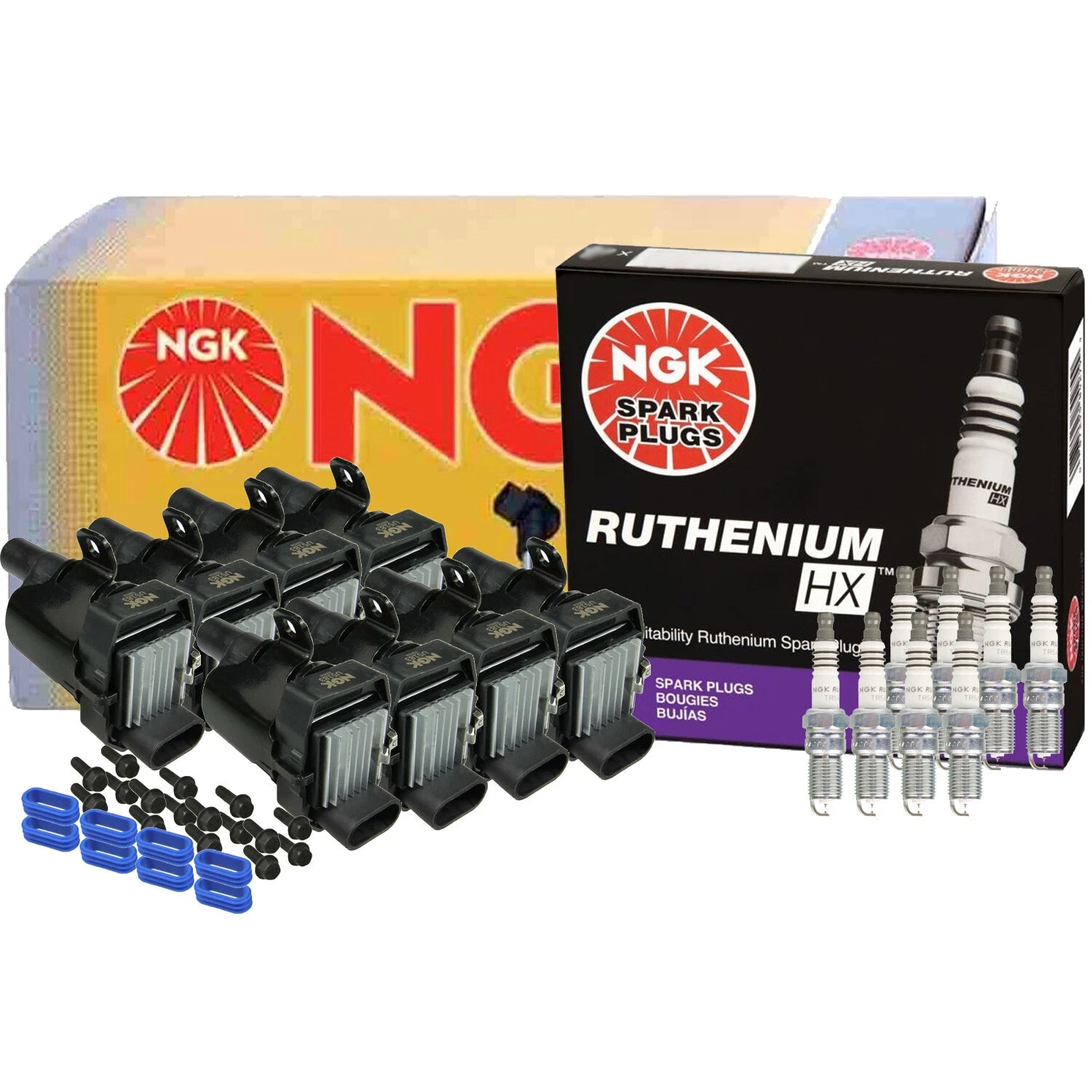 Set of 8 NGK COP Ignition Coils & Ruthenium HX Spark Plugs for Chevy GMC