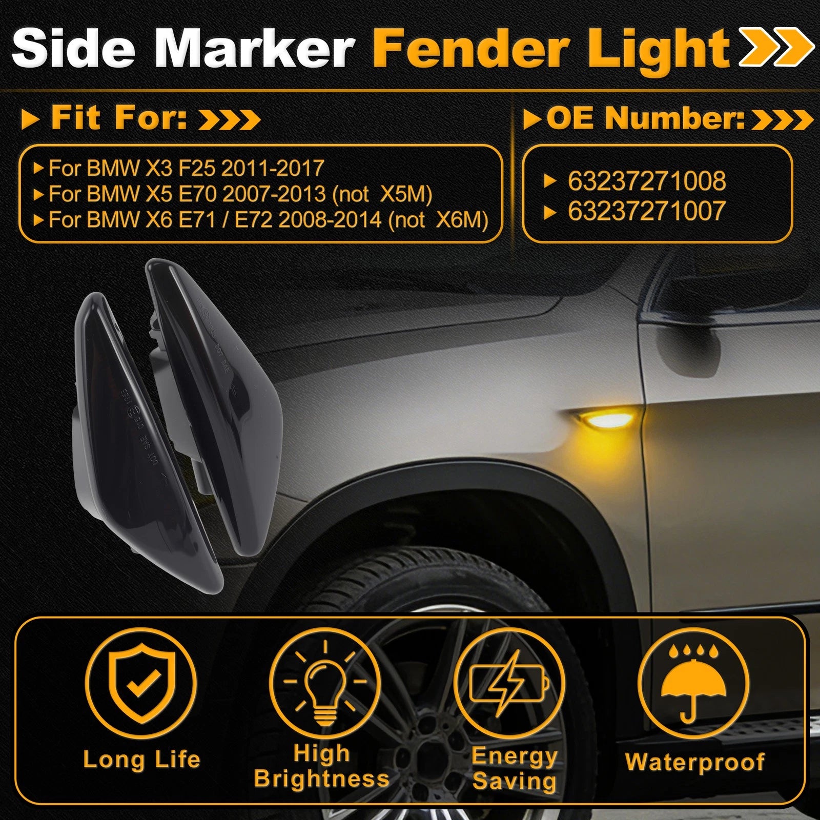 Side Marker Fender Light 63237271008 for BMW X3 F25 (2011–2017) Smokey Lens 1 Pair