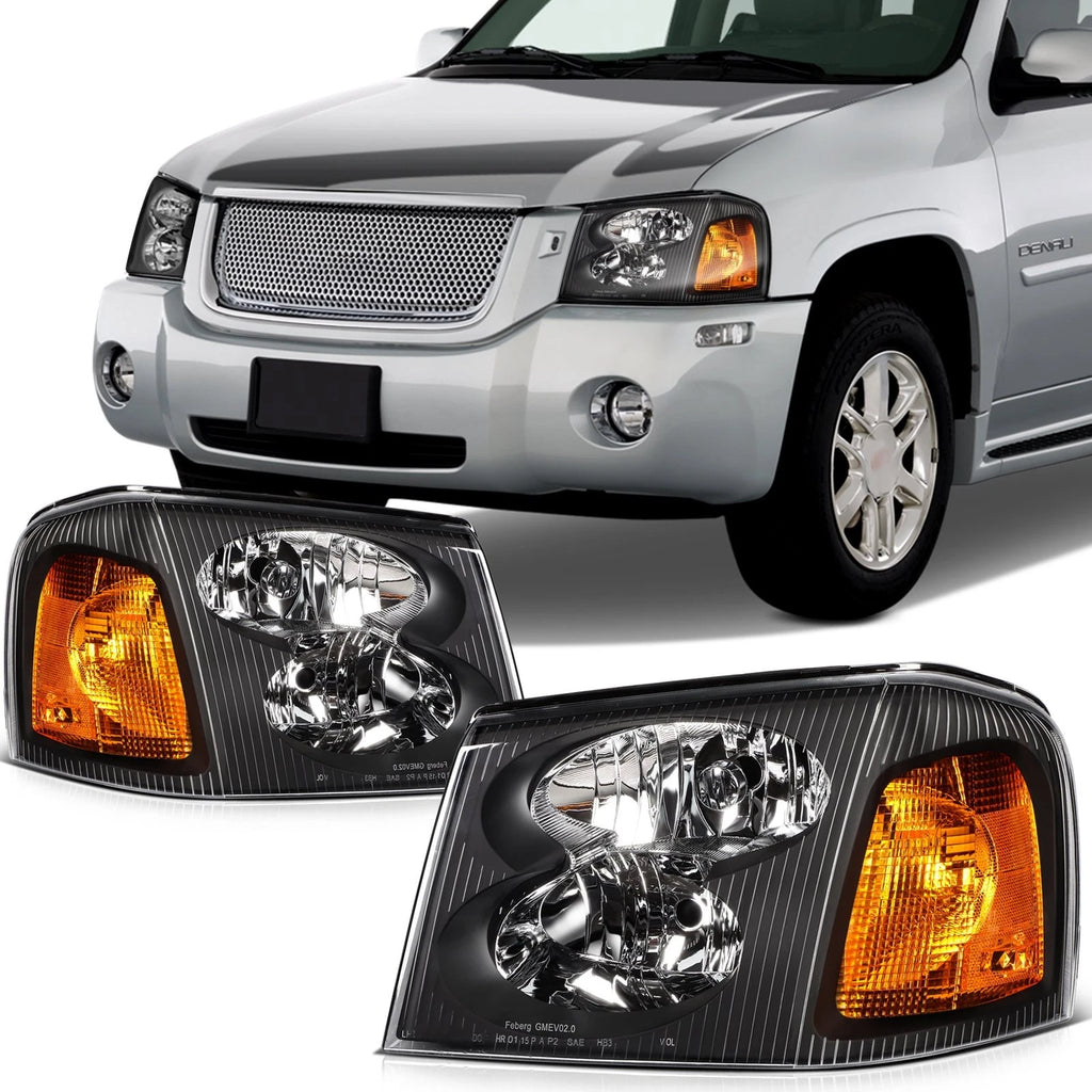 Set of 2 Black Amber Halogen Headlights Assembly for GMC Envoy (2005–2009)