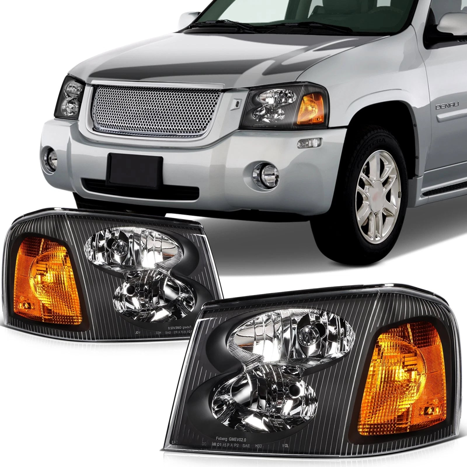 Set of 2 Black Amber Halogen Headlights Assembly for GMC Envoy (2005–2009)