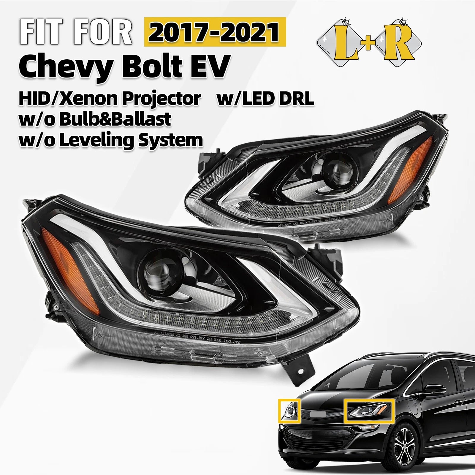 HID Projector Headlight Set for Chevy Bolt EV (2017–2021) w/DRL w/o Ballast