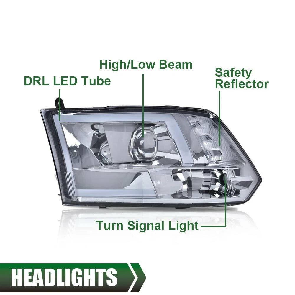 LED Tube Projector Headlights for Dodge Ram 1500 2500 3500 (2009–2018)