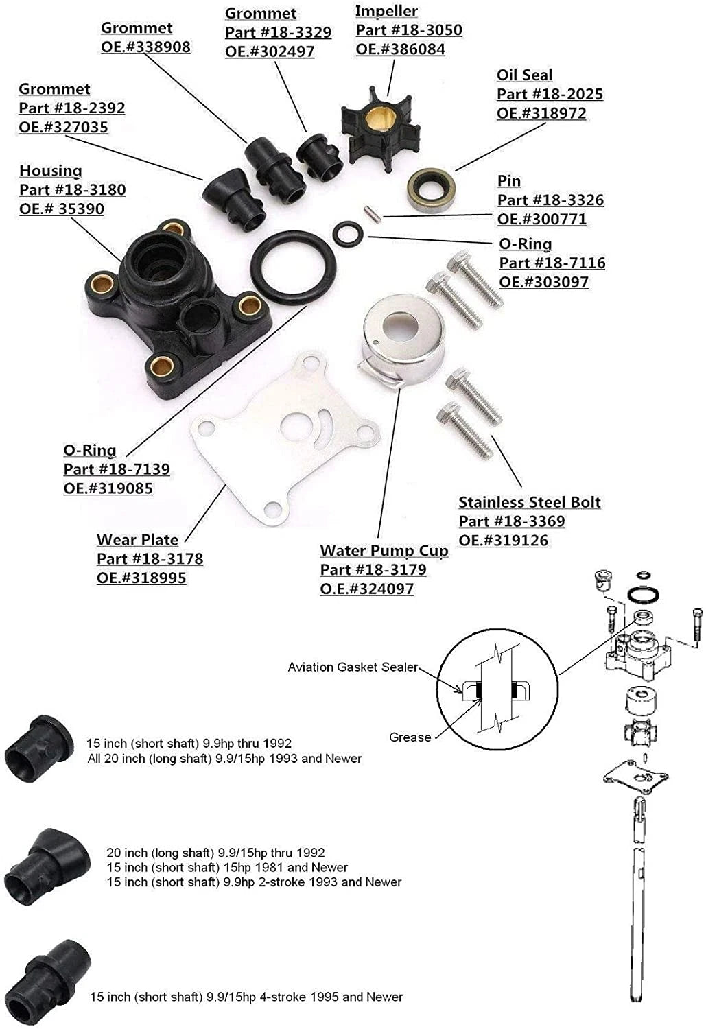 Water Pump Impeller Kit for Johnson Evinrude 9.9 15 HP (394711 386697)