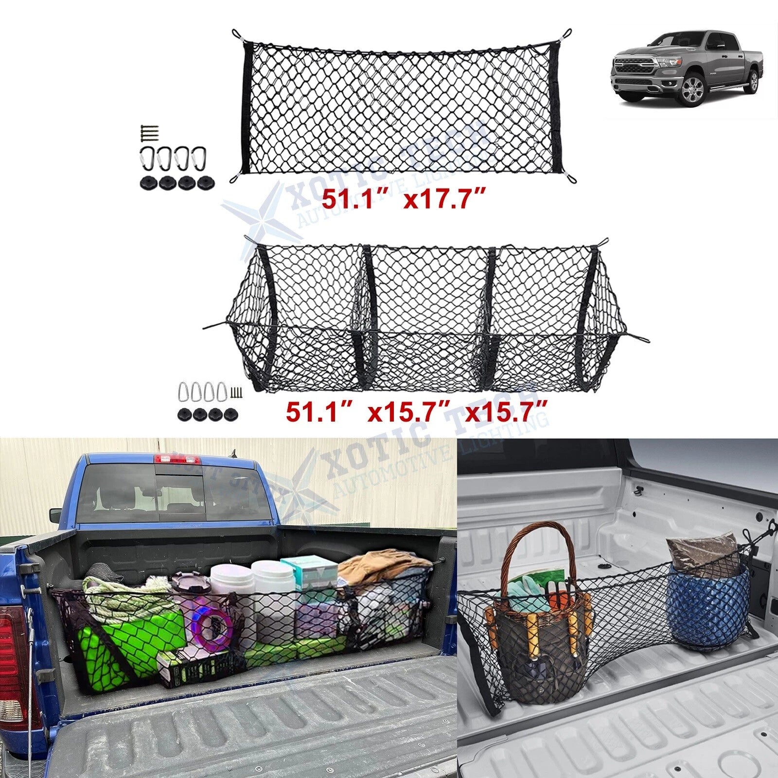 Rear Trunk Bed Envelope Style Mesh Cargo Net Combo Kit for Dodge Ram (2019–2024)