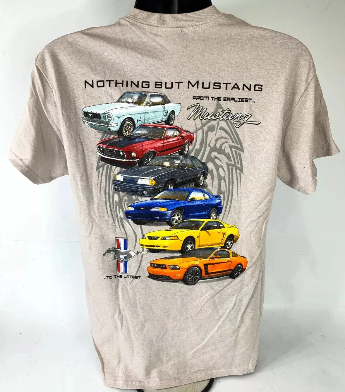 Ford Mustang T-Shirt Six Generations Evolution Cars Tri Bar Emblem Script (1965–2021)