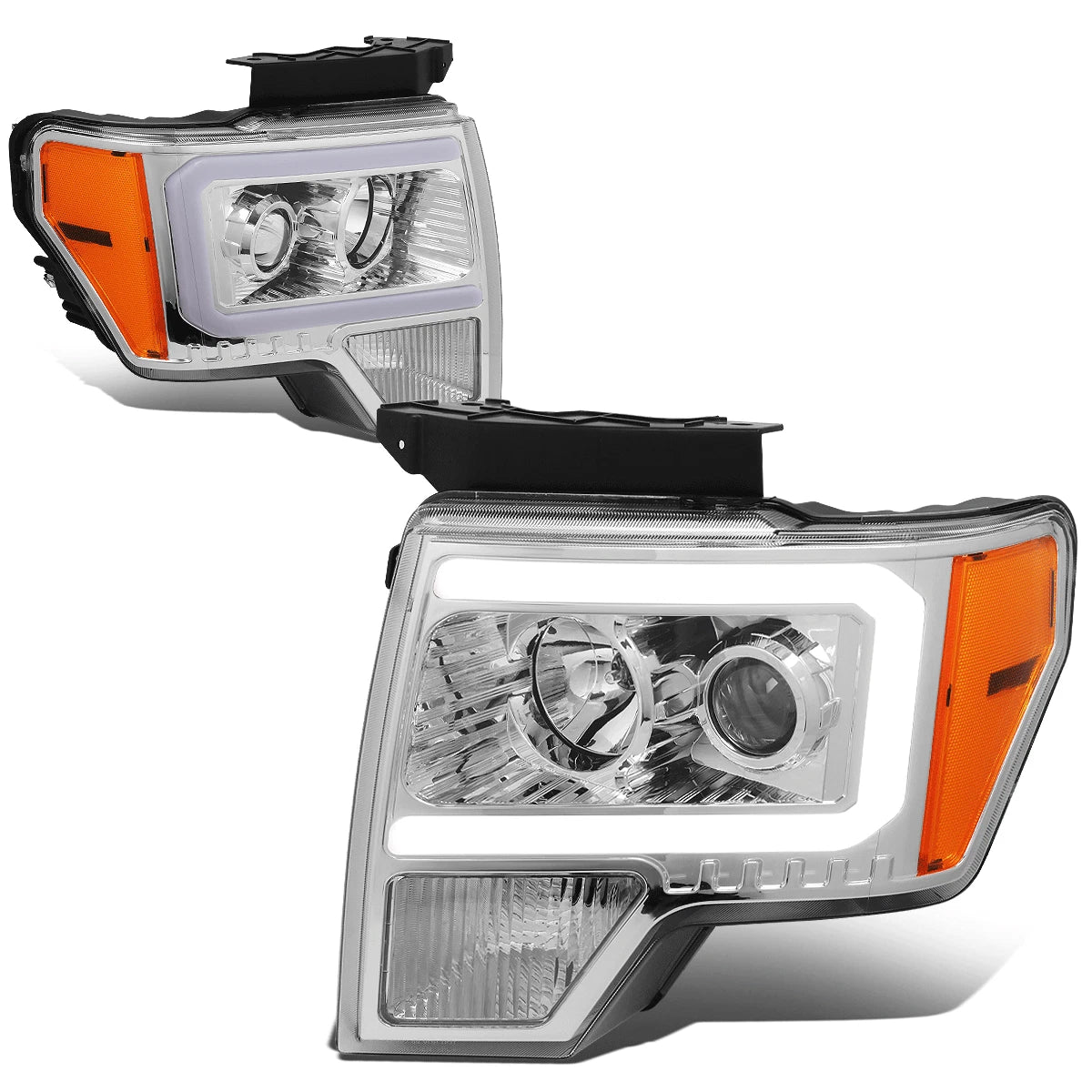 LED DRL Tube Projector Headlight Lamps for Ford F-150 (2009–2014) Left+Right Chrome
