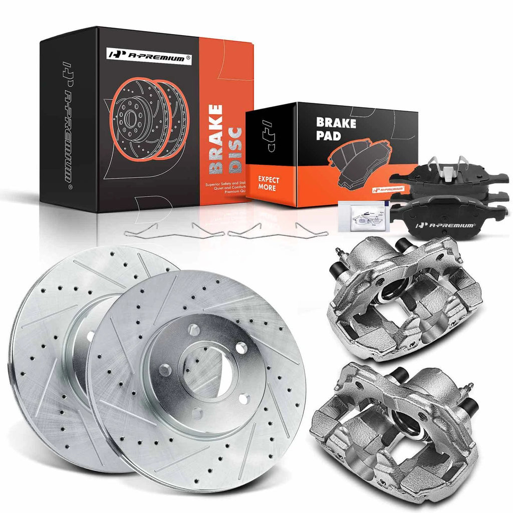 Set of 8 Front Drilled Brake Rotors, Pads & Calipers for Ford Focus (2013–2018)