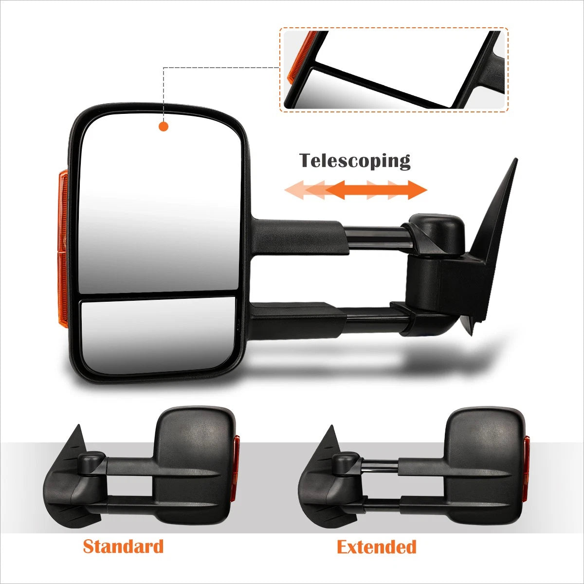 Manual telescoping towing mirror for Silverado/Sierra (2007–2014) w/LED signal