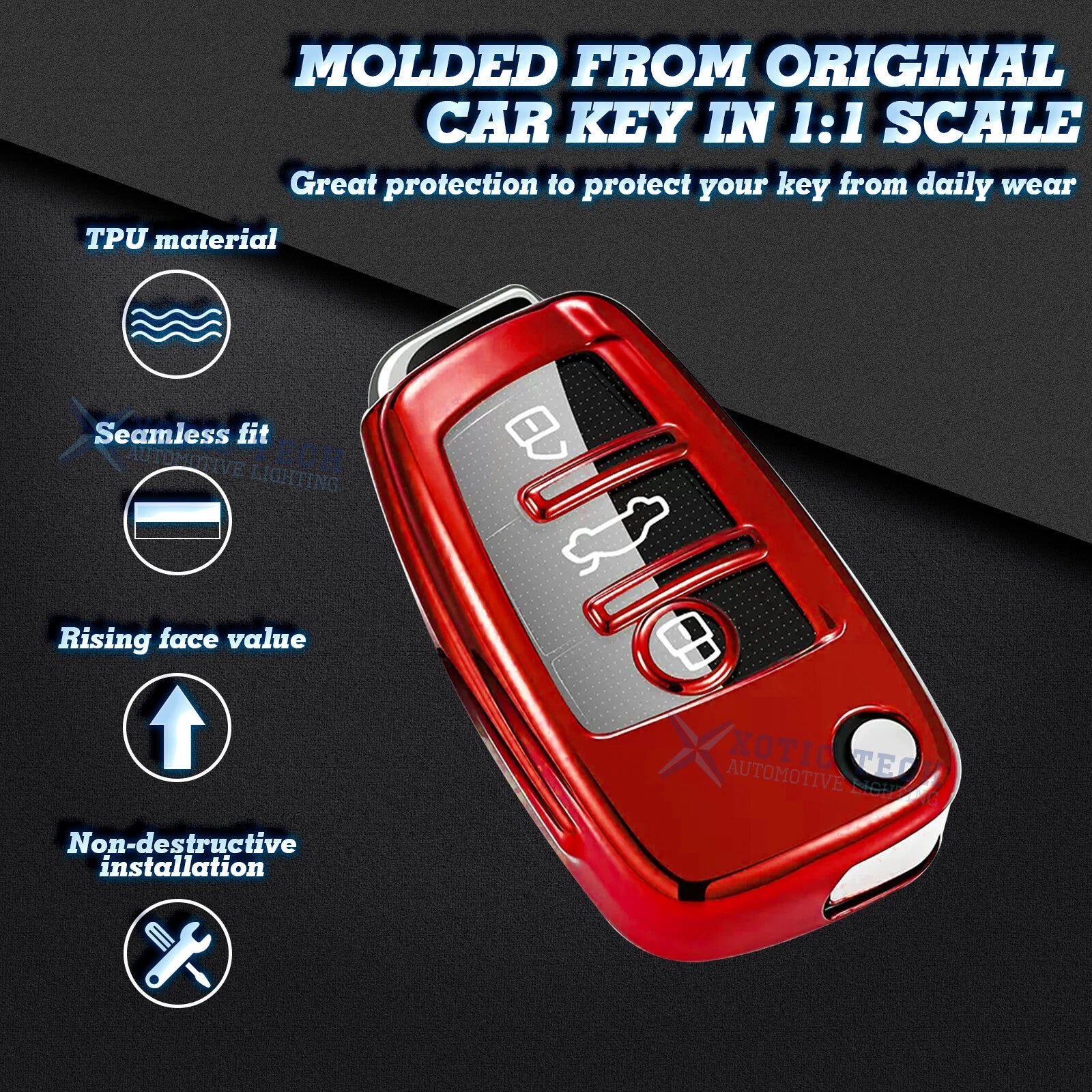 Glossy Red Anti-Dust Folding Key Fob Skin for Audi (3-Button) (2013-2016)