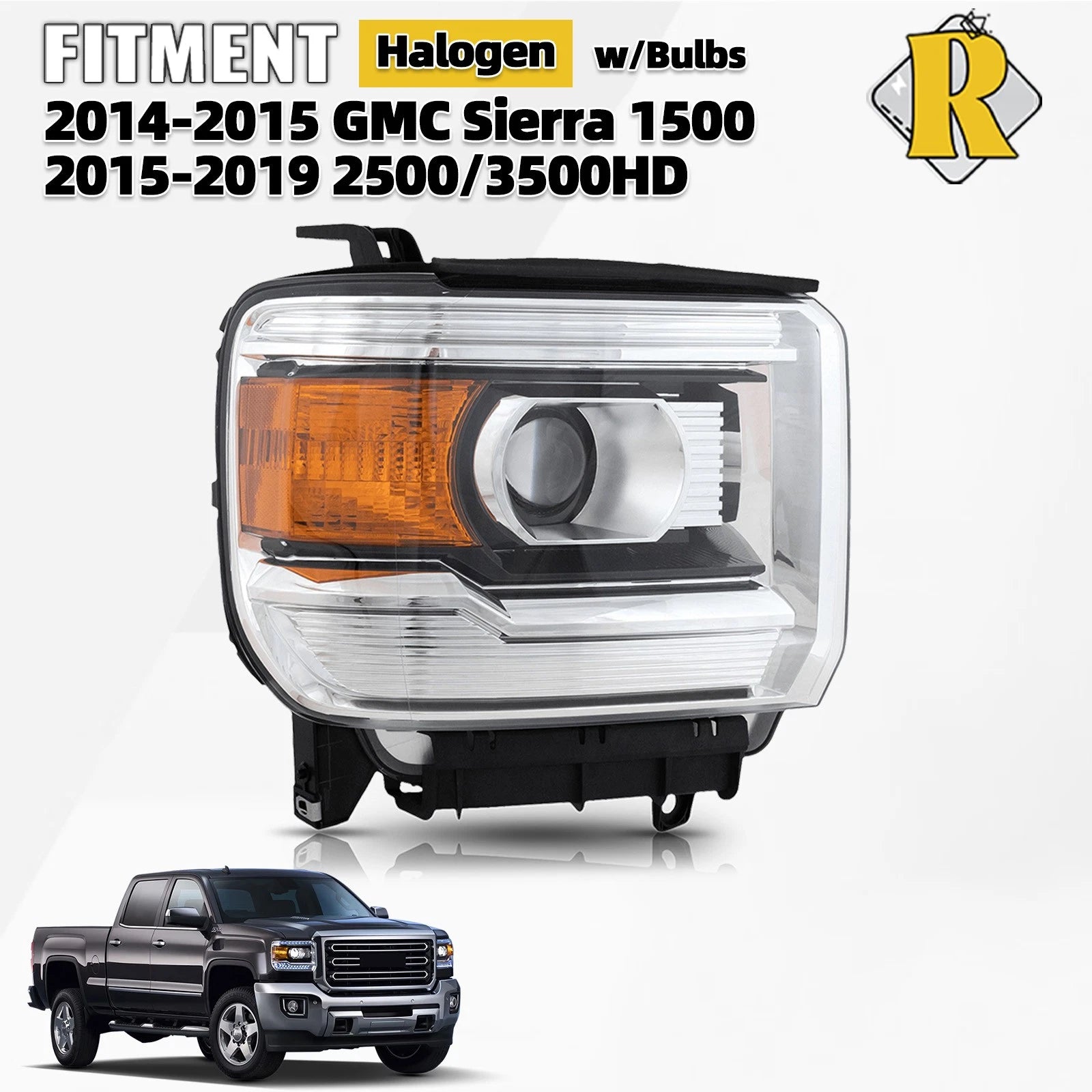 Halogen Headlight for GMC 2500HD 3500HD (2015–2019) Passenger Side with Bulb