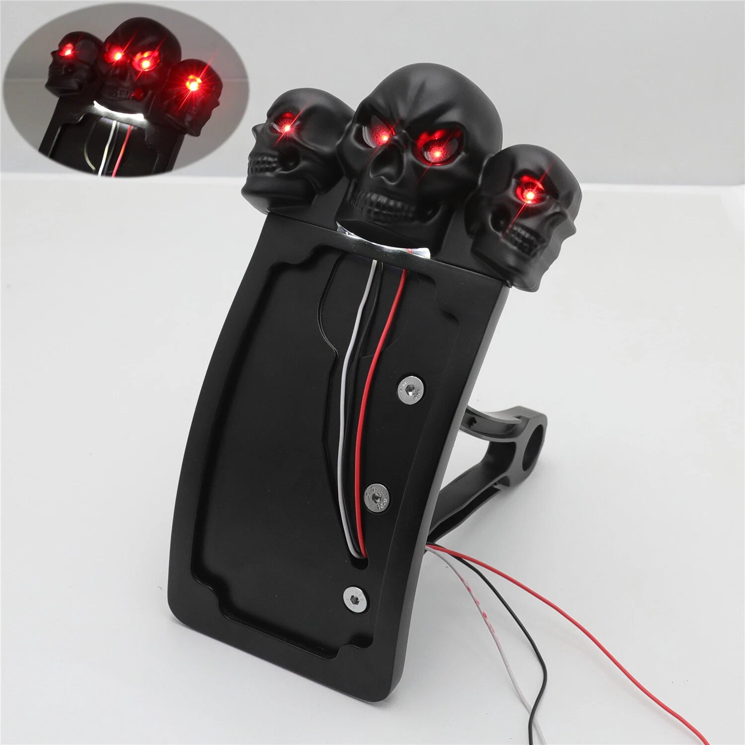 Black Curve Side Mount License Plate Bracket w/ Skull LED Tail Light (7/8" 1")