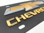 3D Premium Chevrolet Bowtie Gold Script Logo Black License Plate for Chevy (2000–2024)