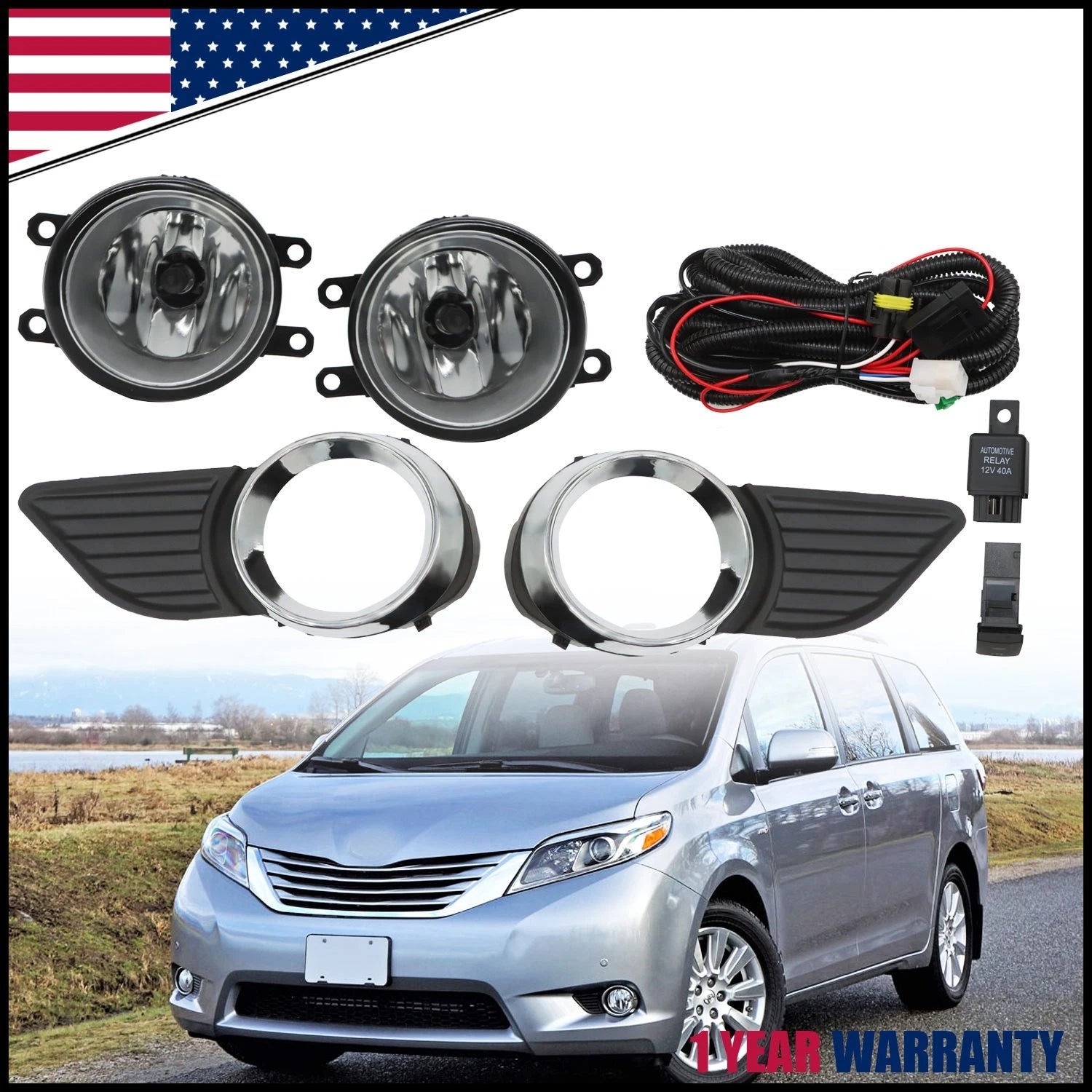 Front Bumper Fog Lights Set for Toyota Sienna (2011–2017) - Includes Switch & Bulbs