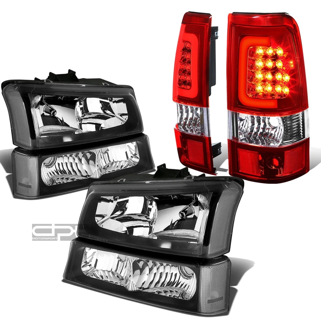 Set of 2 Black Headlight + Clear Bumper + Chrome Red 3D LED Tail Lamp for Silverado (2003–2007)