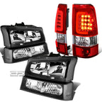 Set of 2 Black Headlight + Clear Bumper + Chrome Red 3D LED Tail Lamp for Silverado (2003–2007)