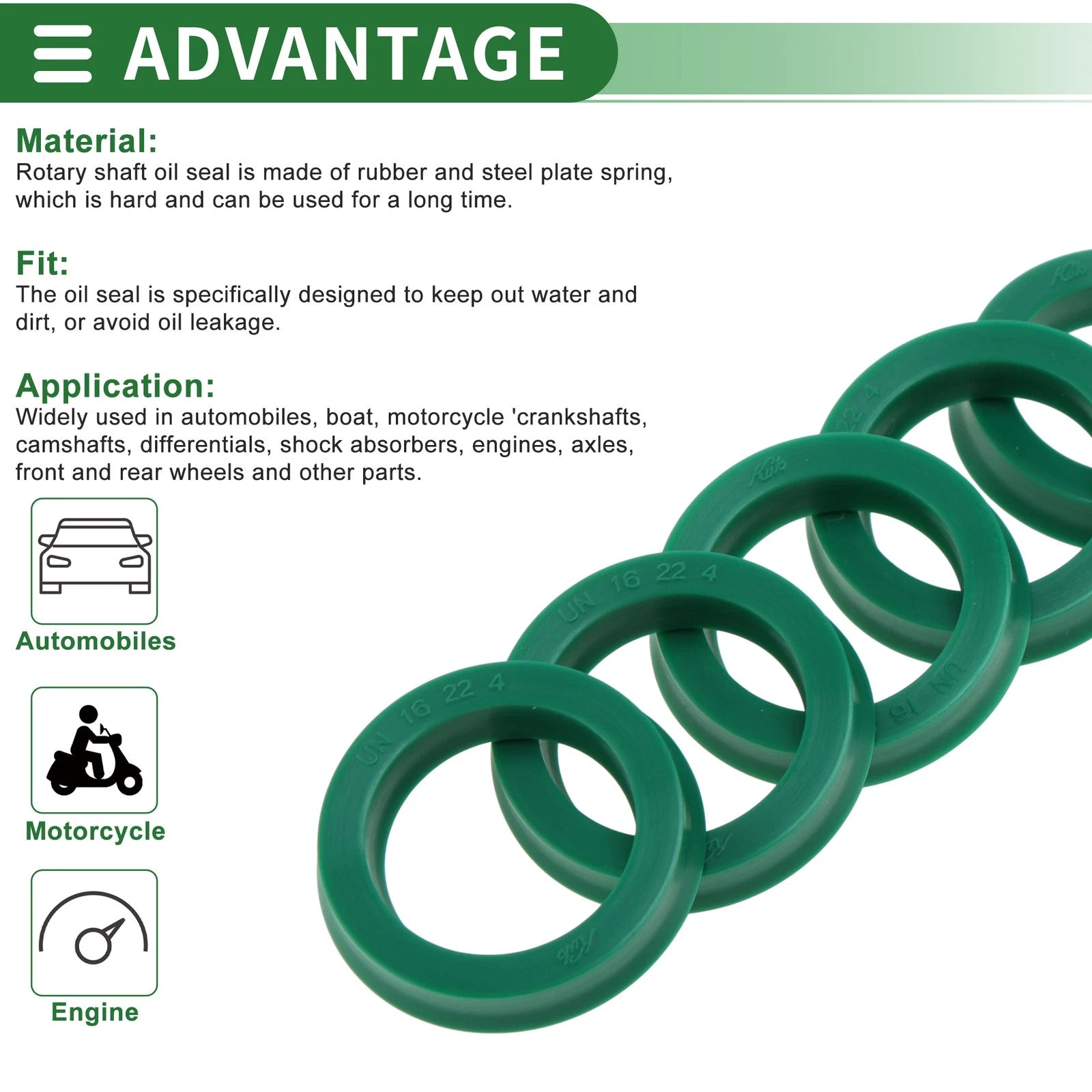Set of 5 Oil Seal Rotary Shaft Seal 16x22x4mm High Pressure Green