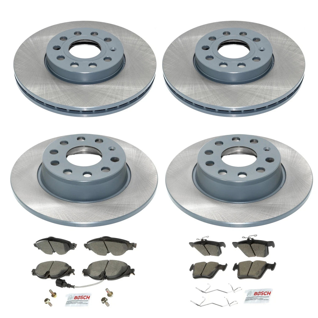 Set of 4 DuraGo Rotors & Bosch QuietCast Brake Pads for A3 e-Golf (2015–2019)