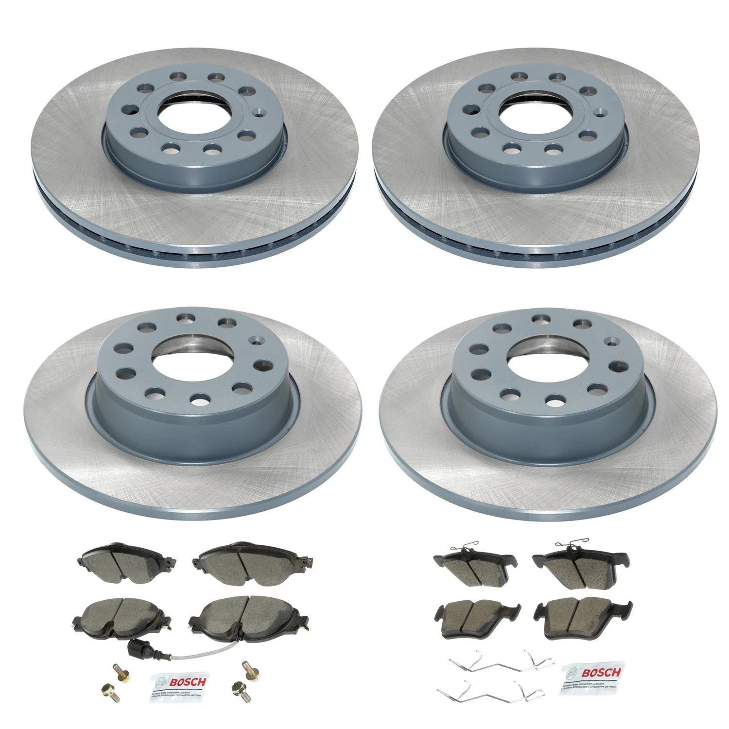 Set of 4 DuraGo Rotors & Bosch QuietCast Brake Pads for A3 e-Golf (2015–2019)