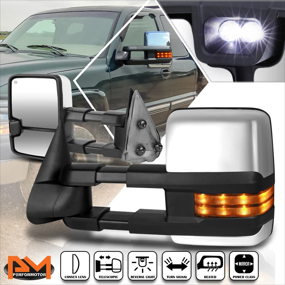 Set of 2 Power+Heat Chrome Towing Mirrors with LED Signal for Silverado/Sierra (1999–2002)