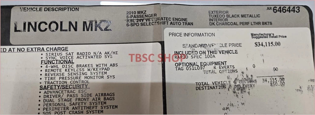 Window Sticker for Lincoln MKZ (2010)