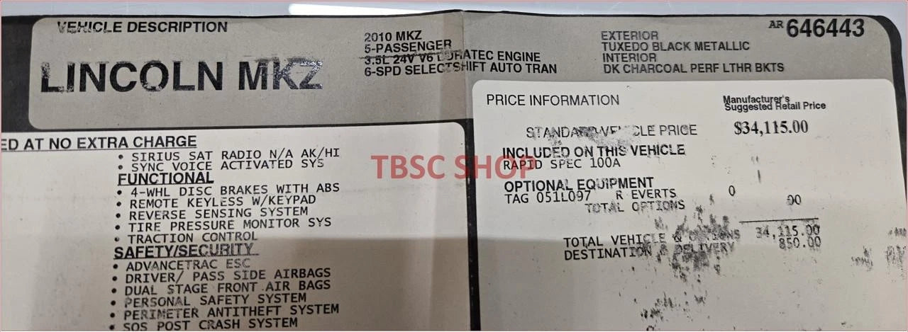 Window Sticker for Lincoln MKZ (2010)