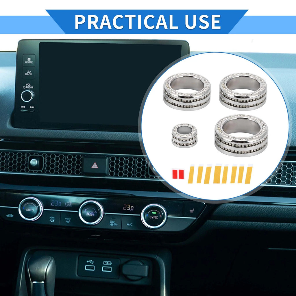 Set of 4 AC Media Tune Switch Knob Cover Ring for Honda Civic (2022) Silver Tone