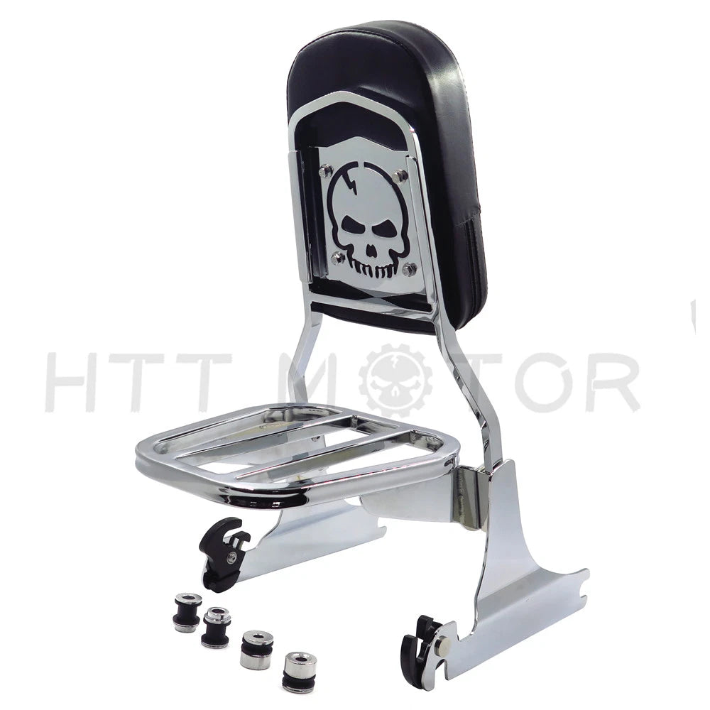 Chrome Skull Detachable Sissy Bar Backrest & Luggage Rack for Harley Softail