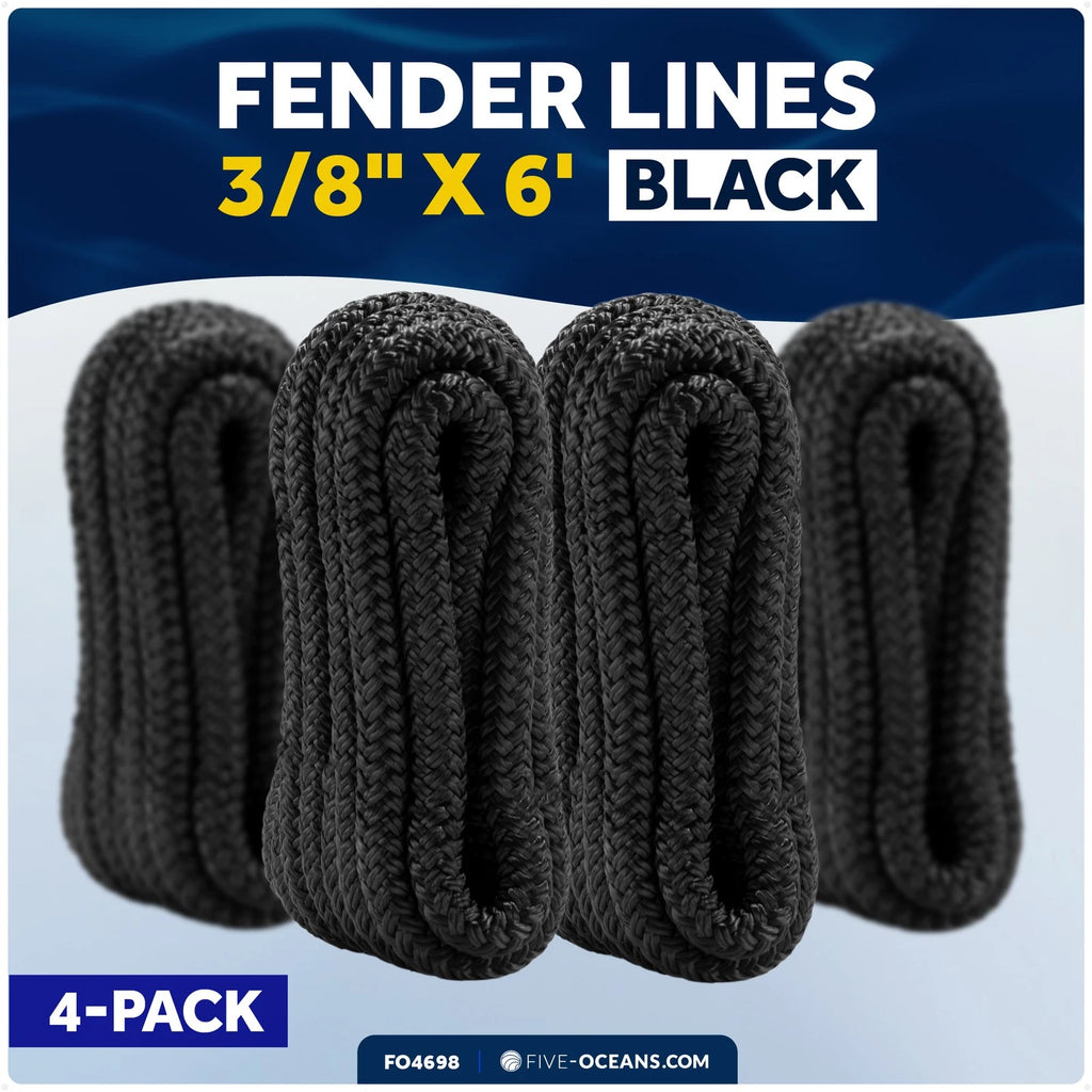 Set of 4 Fender Lines 3/8" x 6' with 5" Eyelet - Black Double Braid Nylon