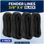 Set of 4 Fender Lines 3/8" x 6' with 5" Eyelet - Black Double Braid Nylon