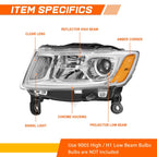 Projector Headlight/Lamp Set for Jeep Grand Cherokee (2014–2016) Chrome Amber