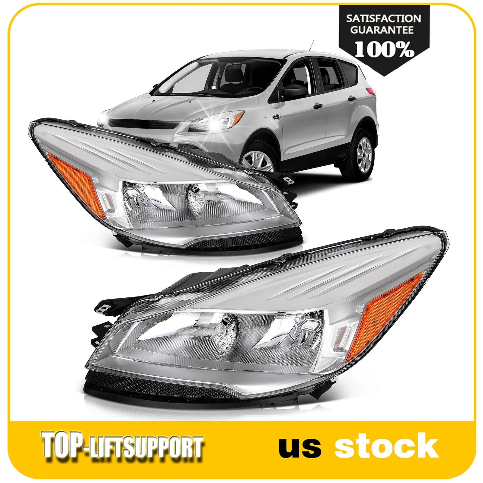 Set of 2 Headlight Assemblies for Ford Escape (2013–2016) Chrome Amber
