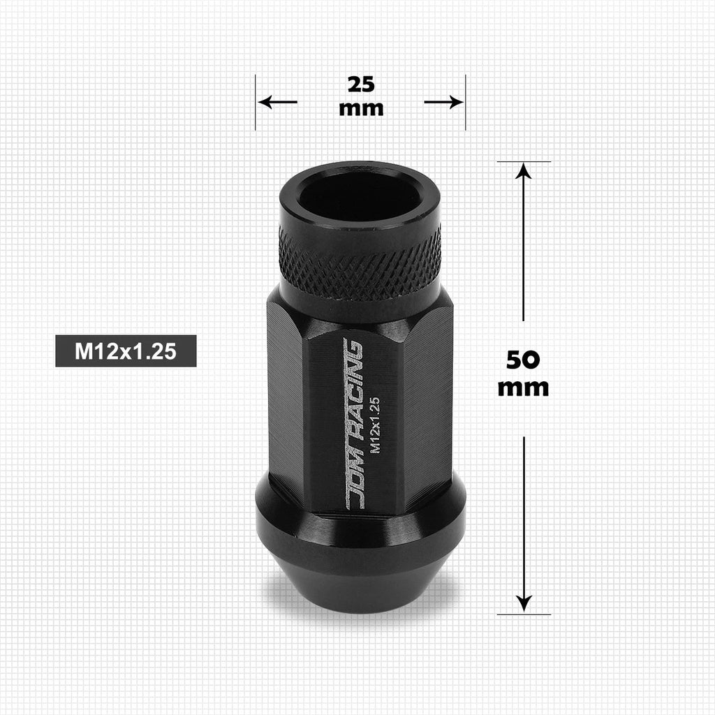 20Pc M12X1.25 Black JDM Open End Cone Hex Wheel Lug Nuts + Extension 25mmx50mm