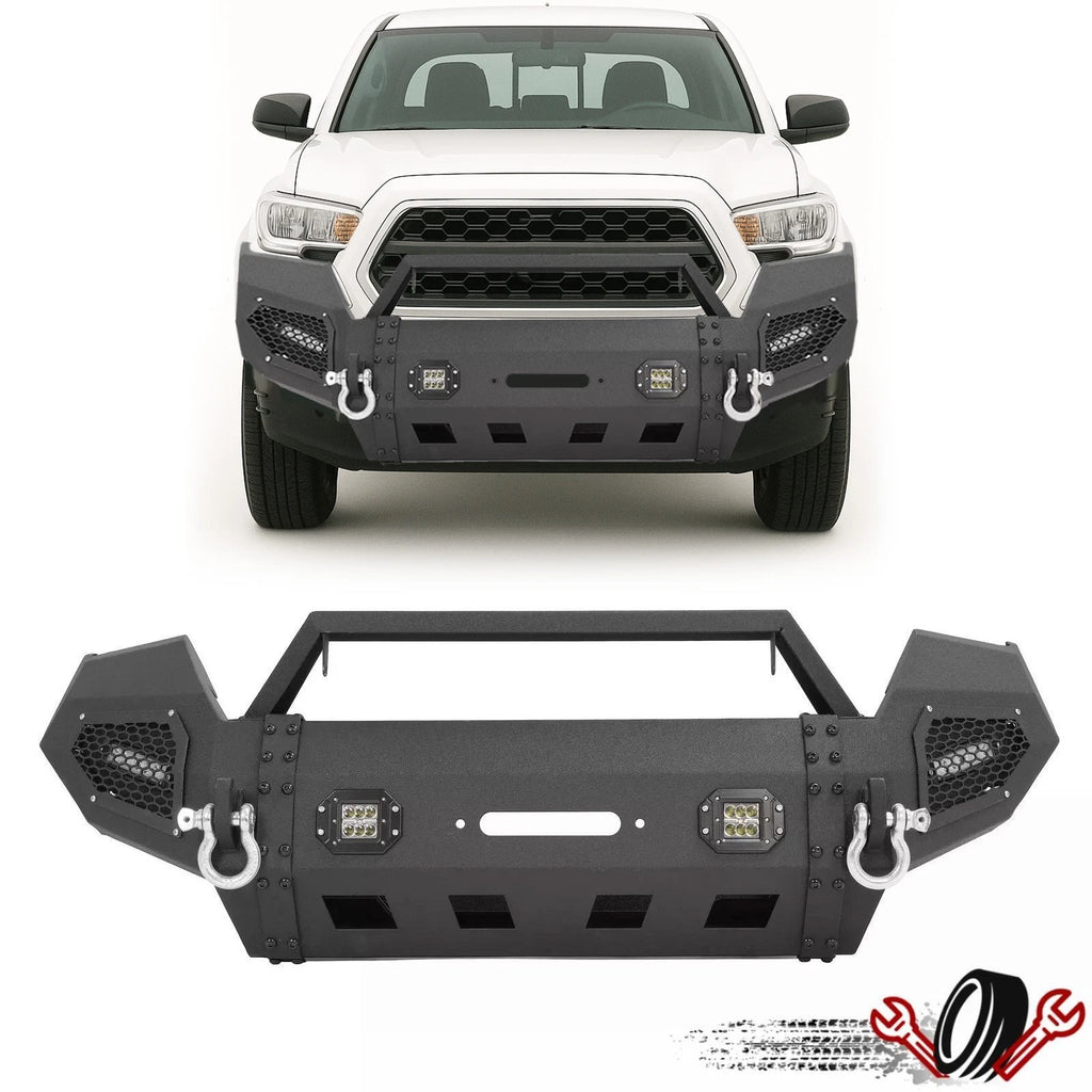 Black Steel Front Bumper with Winch Plate & LED Lights for Toyota Tacoma (2016–2023)