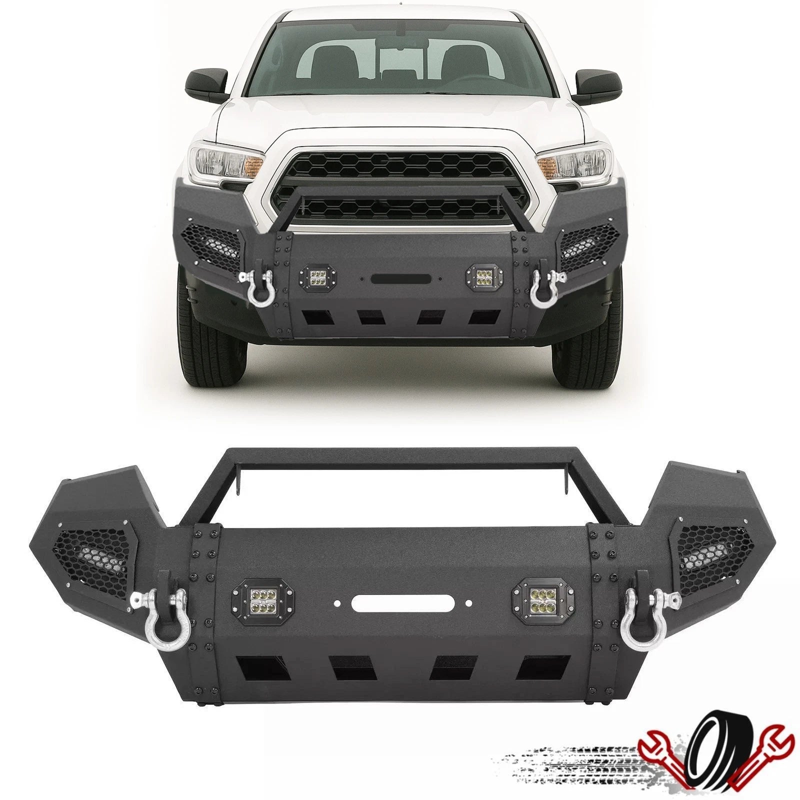 Black Steel Front Bumper with Winch Plate & LED Lights for Toyota Tacoma (2016–2023)