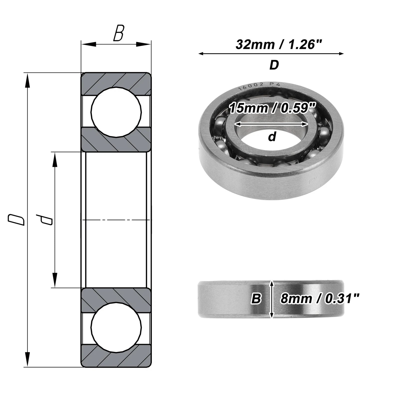 Deep Groove Ball Bearing 15x32x8mm for Various Models (16002)