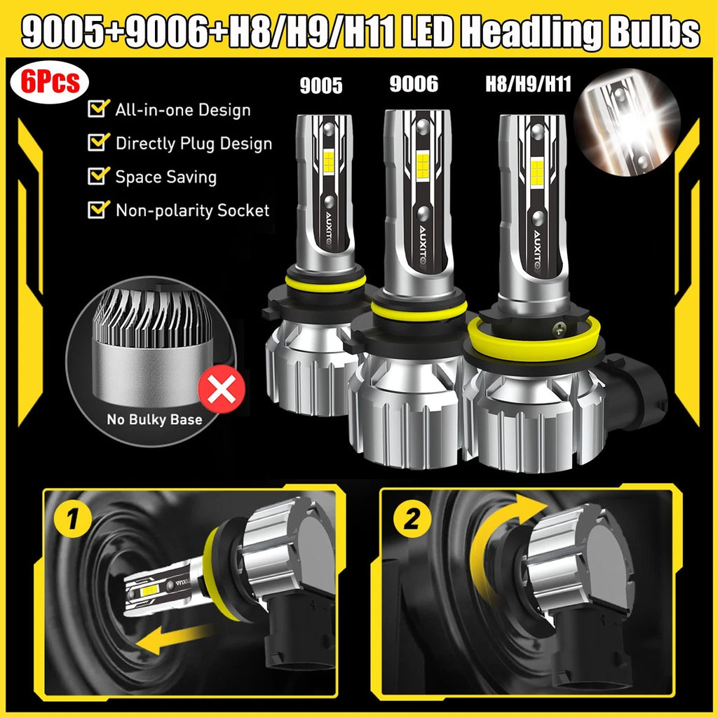 Set of 6 AUXITO 9005 9006 H11 LED Headlight Fog Light Bulbs for Cars