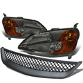 Bumper Grill + Smoke/Amber Housing Headlamps for Honda Civic (2001–2003)