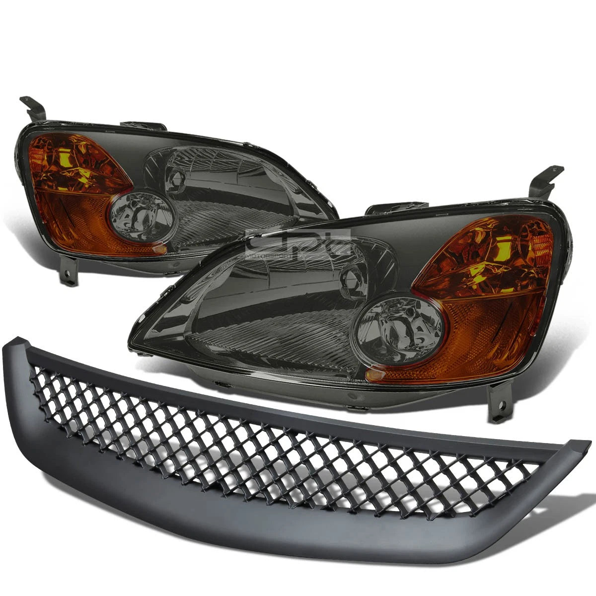 Bumper Grill + Smoke/Amber Housing Headlamps for Honda Civic (2001–2003)
