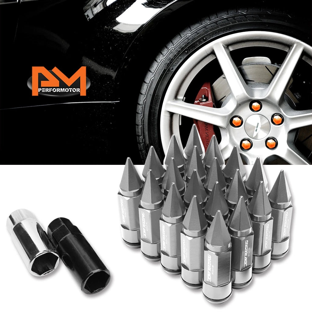 Set of 20 M12X1.5 Silver JDM Cone Spiked Cap Wheel Lug Nuts + Extension 23mm