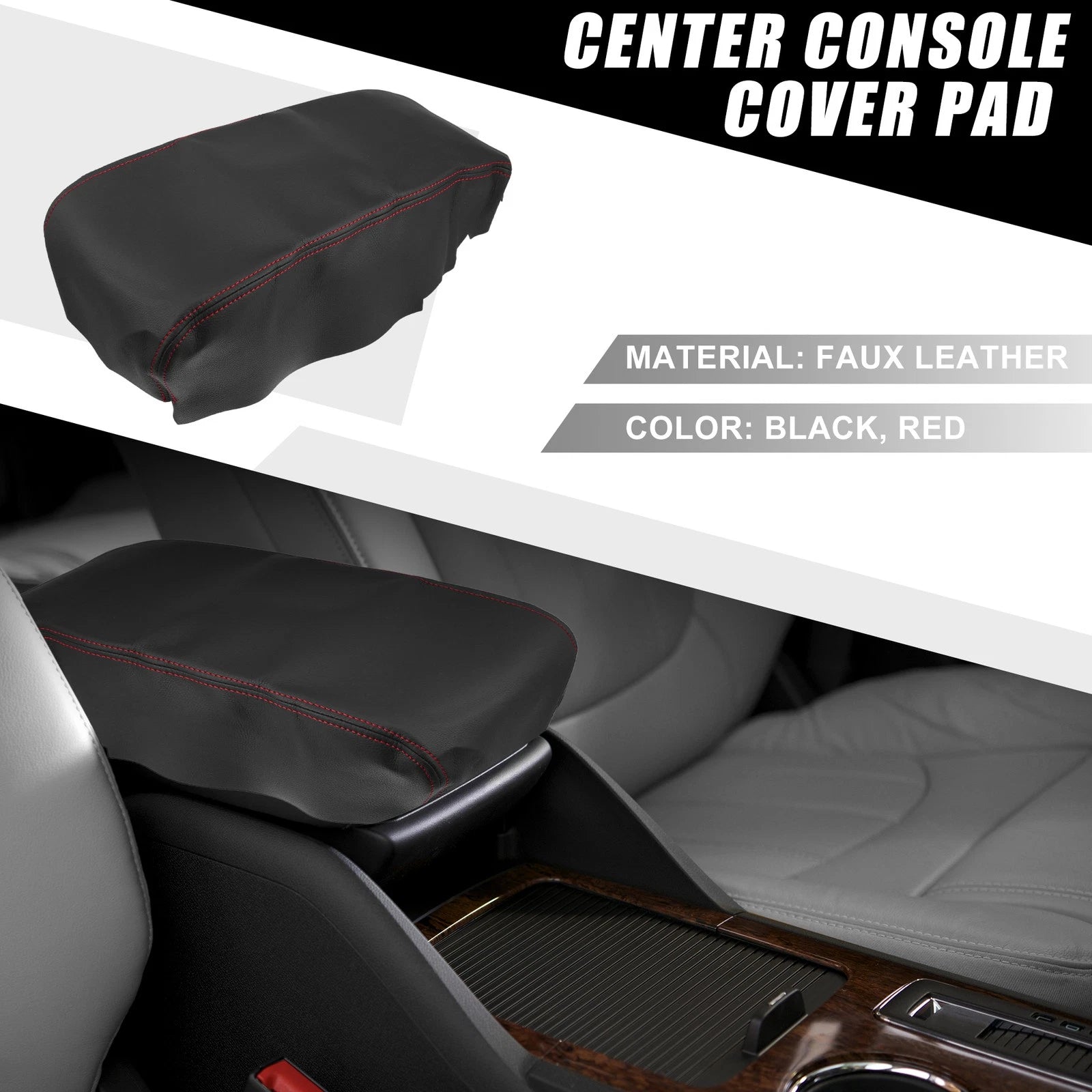 Center Console Armrest Cover for Dodge Charger (2008–2010) Black Red Stitches