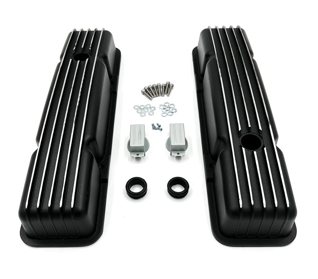 Short Valve Covers Black Aluminum Finned Replacement for Chevy 350 SBC (1967–1985)