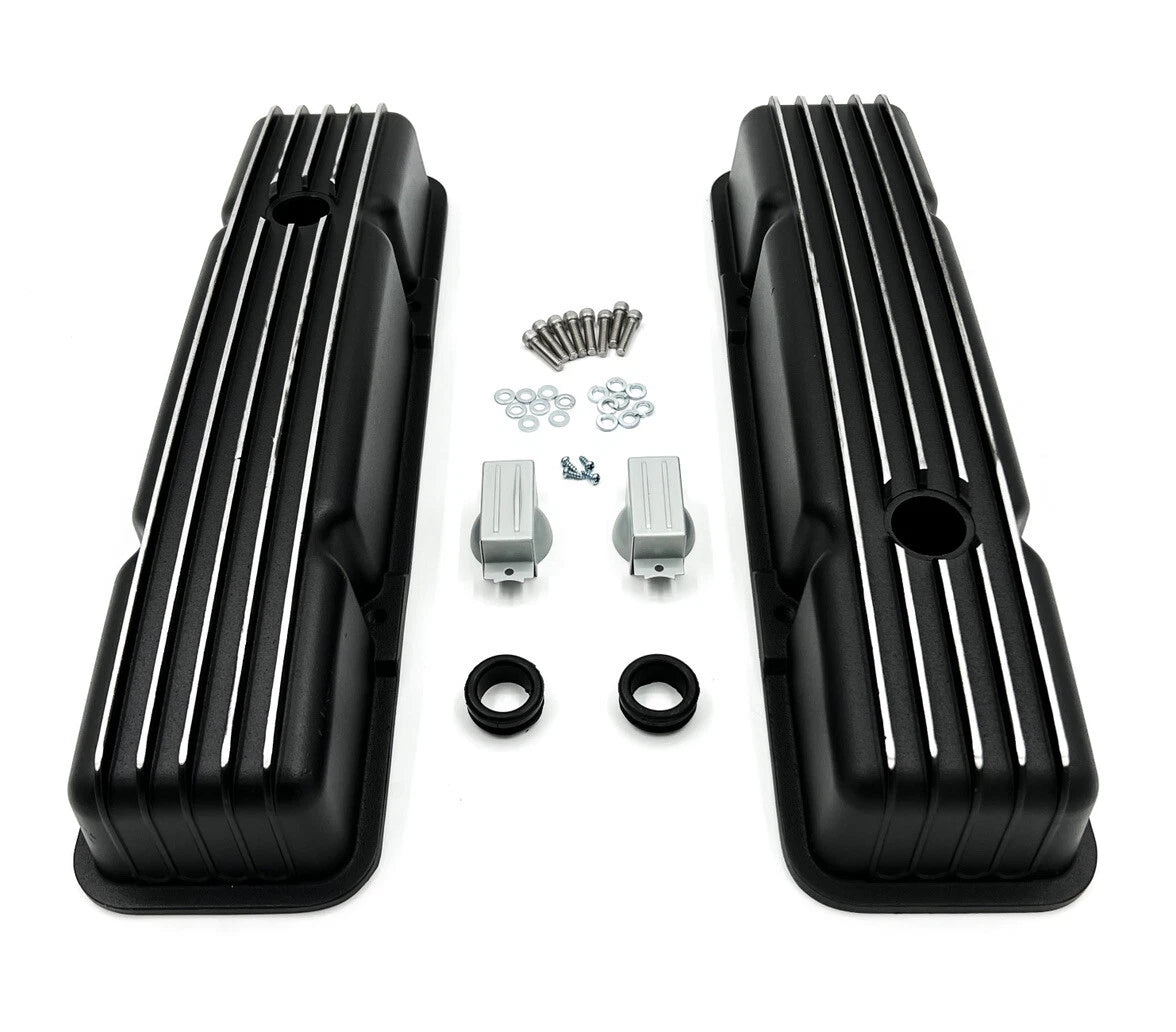 Short Valve Covers Black Aluminum Finned Replacement for Chevy 350 SBC (1967–1985)